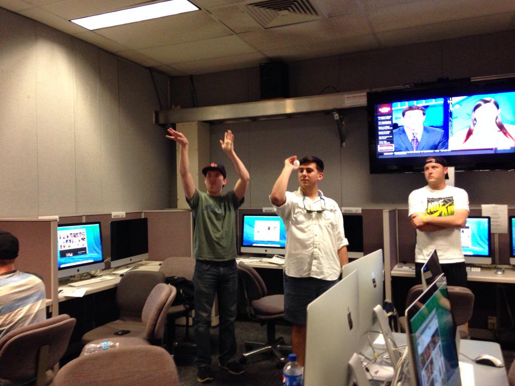 Brett (left) and Jake in the first round of the Trash Can Basketball bracket battle.